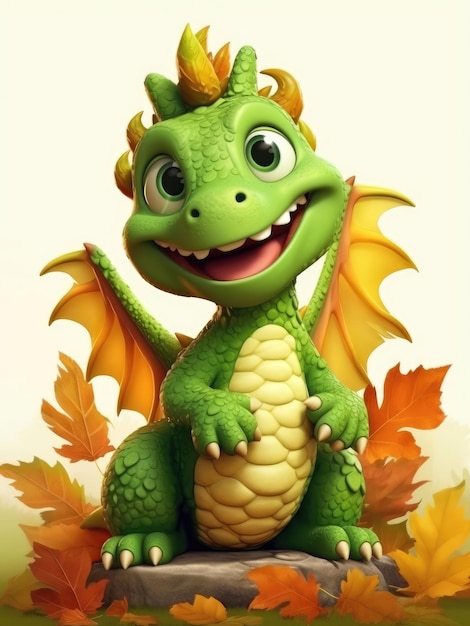 Funny cute green dragon in fall season