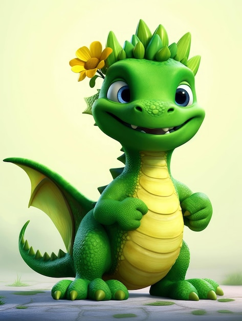 Funny cute green dragon in spring season