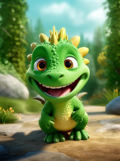 Funny cute green dragon in spring season