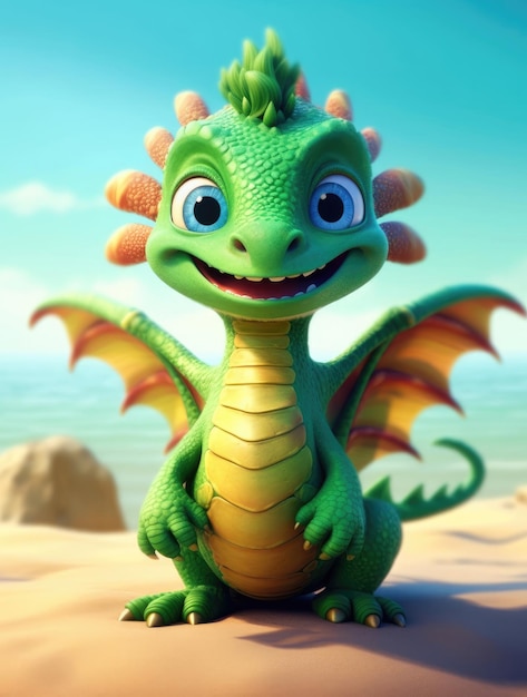 Funny cute green dragon in summer season