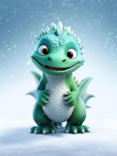 Funny cute green dragon in winter season