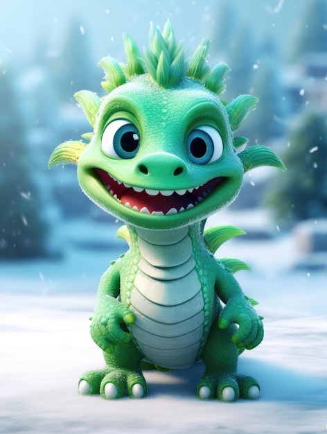 Funny cute green dragon in winter season