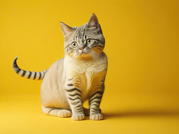 Funny cute little cat on soft pastel yellow background ai generative