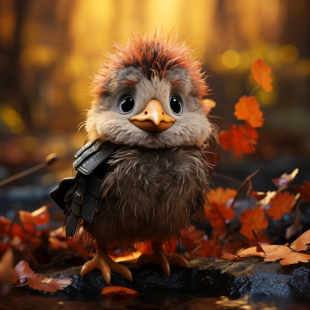 Funny and cute little Thanksgiving turkey bird in autumn forest scenery background