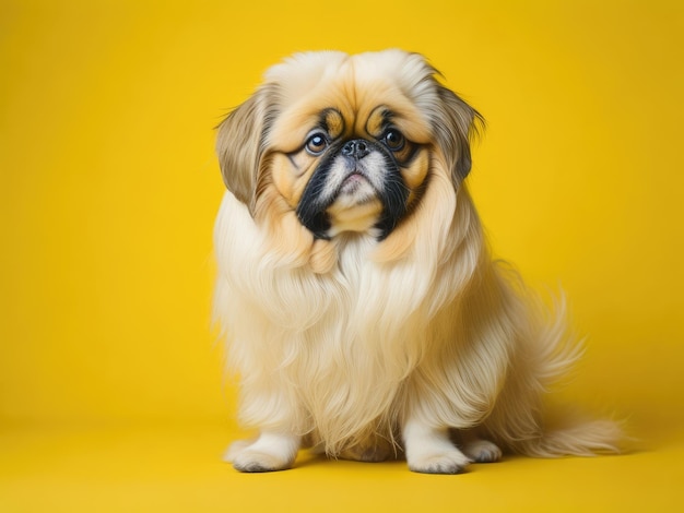 Funny cute Pekingese dog sit on soft yellow background ai generative