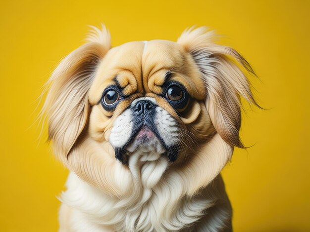 Funny cute Pekingese dog on soft yellow background ai generative