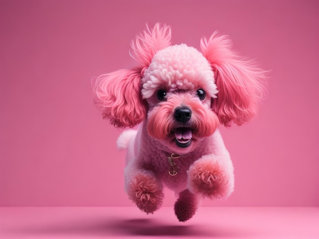 Funny cute poodle jump on soft pink studio background ai generative