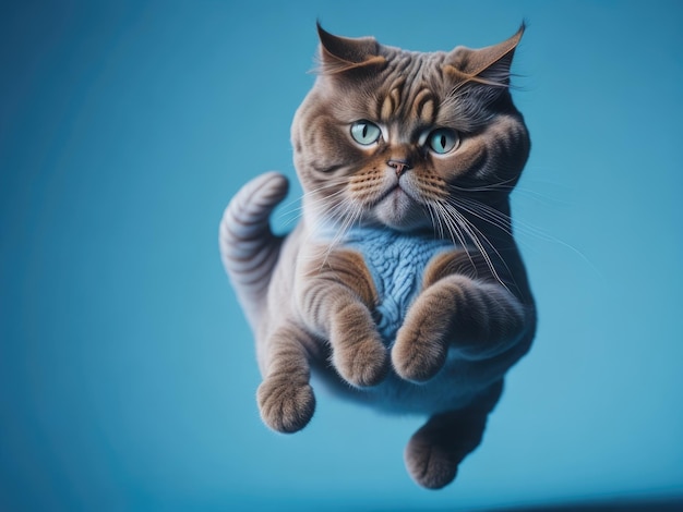 부드러운 파란색 배경 ai 생성에 재미있는 귀여운 스코티시 폴드 고양이 점프