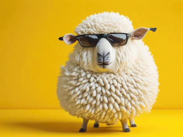 Funny cute sheep wearing sunglasses on yellow background ai generative