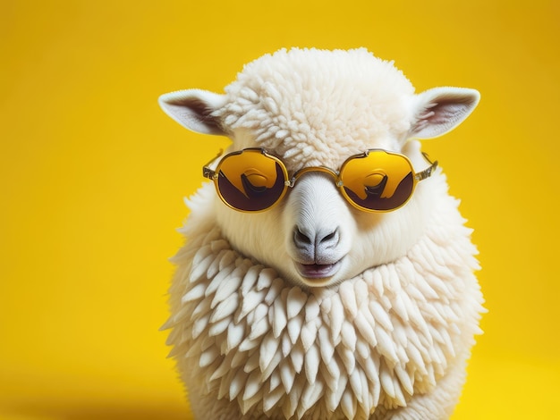 Funny cute sheep wearing sunglasses on yellow background ai generative