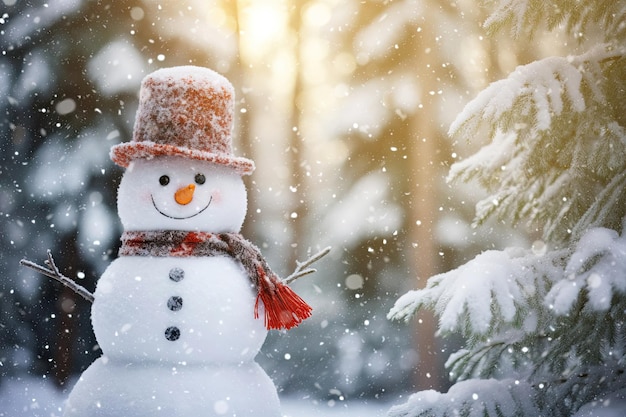 Photo a funny and cute snowman in a hat and scarf in the middle of the woods