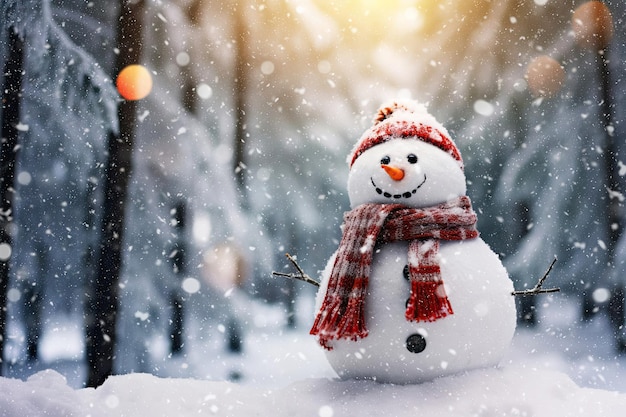 Photo a funny and cute snowman in a hat and scarf in the middle of the woods