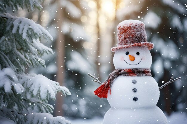 Photo a funny and cute snowman in a hat and scarf in the middle of the woods