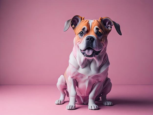 Funny cute york dog sit on soft pastel pink background ai generative