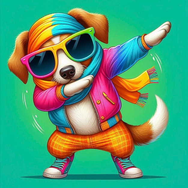 写真 緑の背景で踊っているカラフルな服とサングラスを着た面白いダビング犬