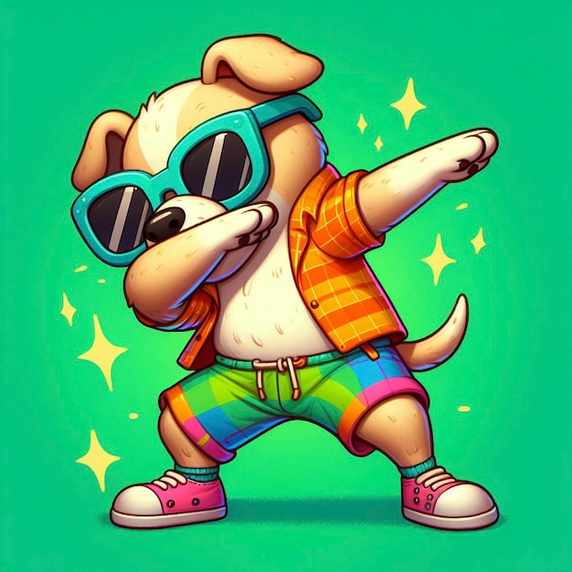 Funny dabbing dog wearing colorful clothes and sunglasses dancing on the green background