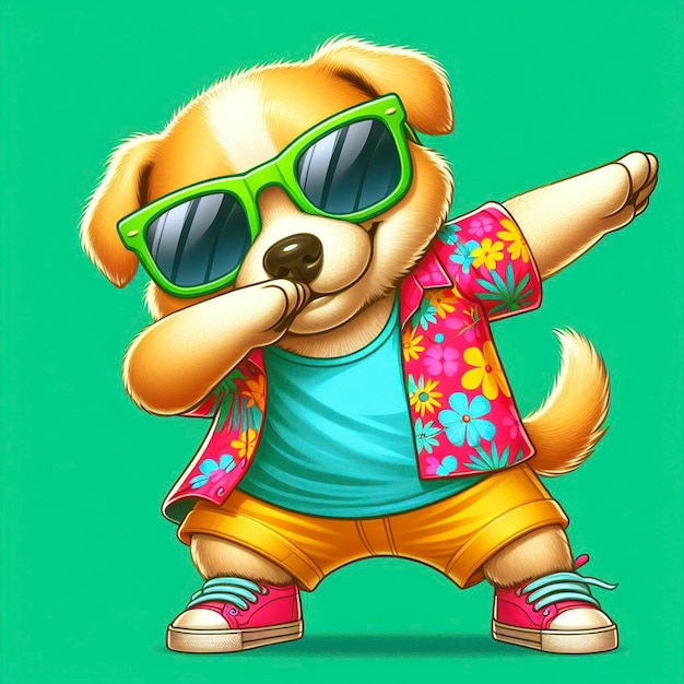 Funny dabbing dog wearing colorful clothes and sunglasses dancing on the green background