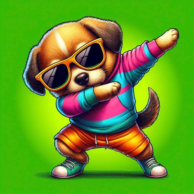 Photo funny dabbing dog wearing colorful clothes and sunglasses dancing on the green background