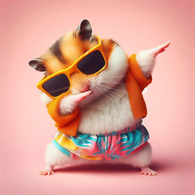 Photo funny dabbing hamster wearing colorful clothes and sunglasses dancing