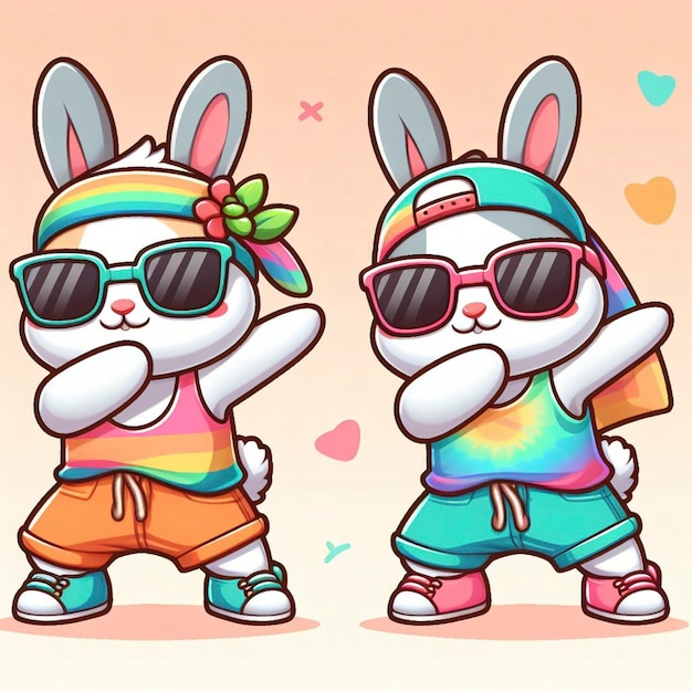 Funny dabbing rabbit wearing colorful clothes and sunglasses dancing on the pastel background