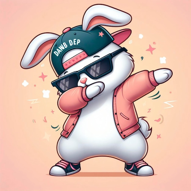 Photo funny dabbing rabbit wearing colorful clothes and sunglasses dancing on the pastel background
