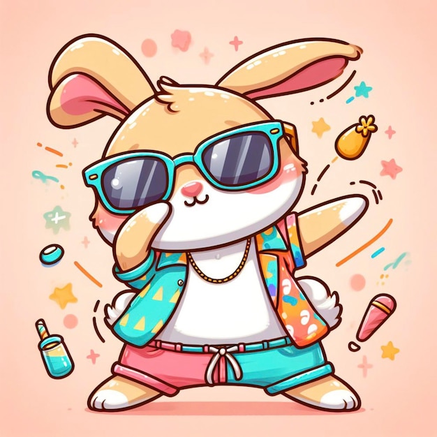 Foto un coniglio divertente che indossa abiti colorati e occhiali da sole che danza sullo sfondo pastello