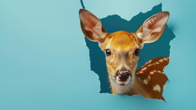 Photo a funny deer gazes through a torn hole in a vibrant pastel color paper backdrop