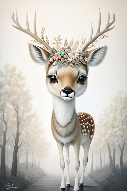 Funny deer with a wreath of flowers on his head