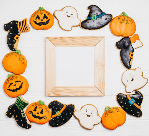 Funny delicious ginger biscuits for Halloween on the table. horizontal view from above