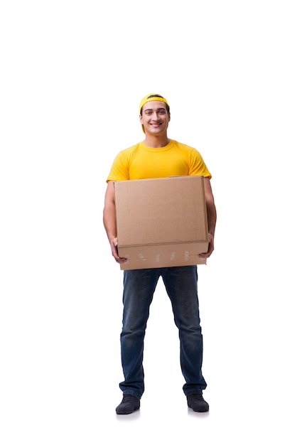 Funny delivery boy with box isolated on white