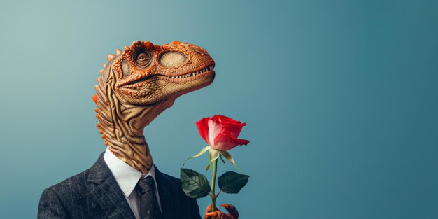 Фото Забавный динозавр в деловом костюме с розой на синем фоне творческая концепция молодой любви