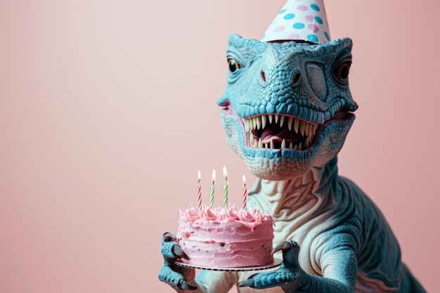 Funny dinosaur with birthday cake on pink background closeup