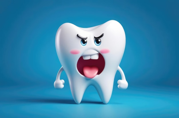 funny displeased white tooth cartoon character on blue background pediatric dentistry stomatology