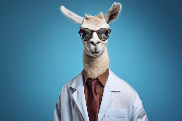 Funny doctor with a llama mask on his head on blue background