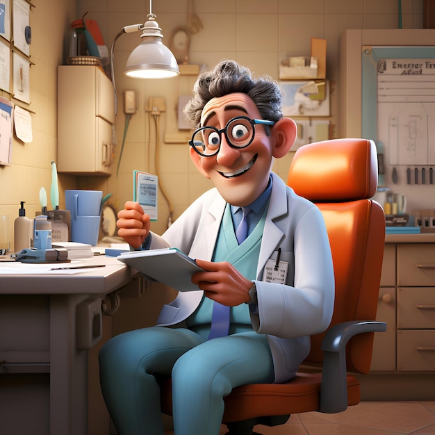 Funny doctor with a tablet in his hands 3D rendering