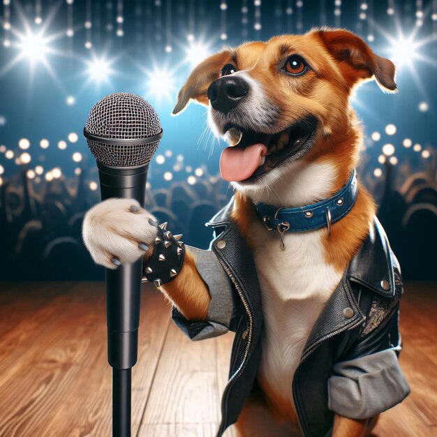 Funny dog in black leather jacket singing