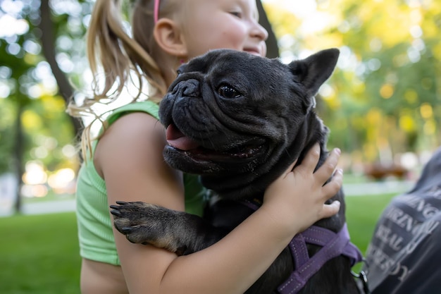 小さな女の子の腕の中で面白い犬の品種フレンチブルドッグ