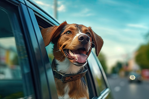 Cane divertente nel finestrino dell'auto durante il viaggio in auto realizzato con l'ia generativa viaggiare con animali domestici