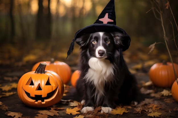 Funny dog decorated with photo props sits near orange pumpkins Halloween and autumn concept