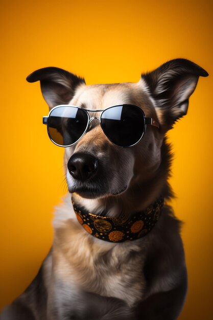 A funny dog dressed sunglasses on the yellow or illuminating background Summer holidays concept