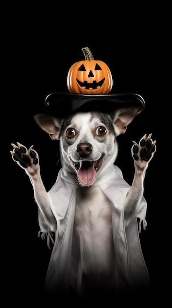 Photo funny dog in halloween costume of ghost holding small pumpkin on hea