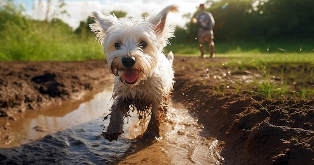 泥の水たまりで遊ぶ面白い犬 泥の水たまりに飛び込む喜びを持つ美しい犬 自然の中で汚れた面白い犬の汚れた茶色のファーハッピーポートレート