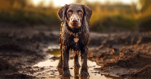 泥の水たまりで遊ぶ面白い犬 泥の水たまりに飛び込む喜びを持つ美しい犬 自然の中で汚れた面白い犬の汚れた茶色のファーハッピーポートレート