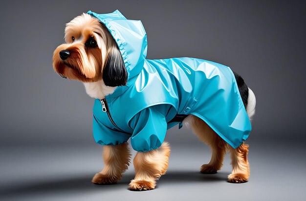 Photo funny dog in raincoat on grey background