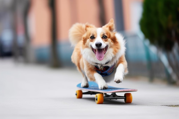 Funny dog rides a skateboard