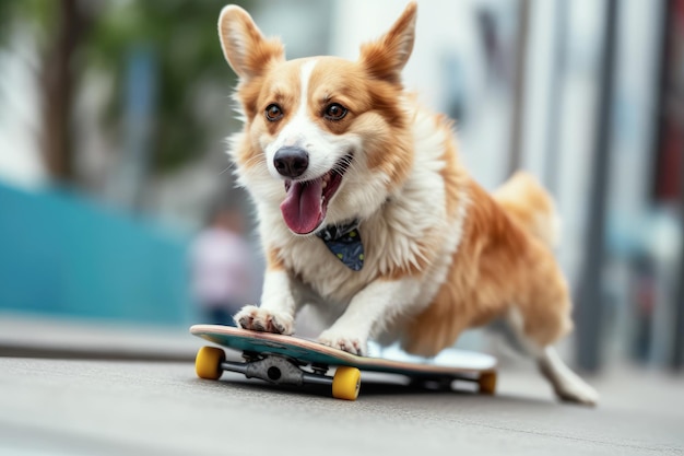 Funny dog rides a skateboard