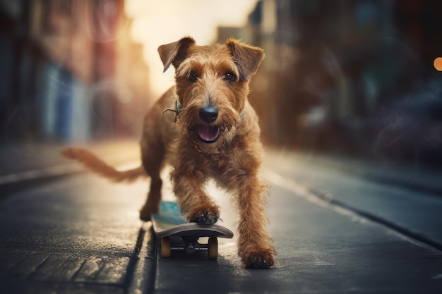 Funny dog rides a skateboard