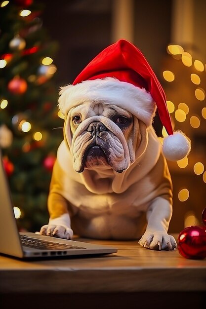 funny dog in a Santa hat is sitting at his laptop at home before Christmas