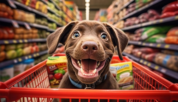 Cane divertente che fa shopping al supermercato per prodotti per animali domestici o biscotti per cani il cane con una spesa