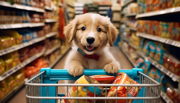 Foto cane divertente che fa shopping al supermercato per prodotti per animali domestici o biscotti per cani il cane con una spesa